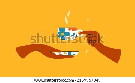 Man or woman hands holding floral ceramic cup hot drink. Tea time, morning beverage, coffee break. Flower pattern mug, cup and saucer. Elegant breakfast. Isolated vector illustration yellow background