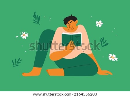 Young man reads outdoors. Male character relaxing in nature with book in hand. Guy sitting on green lawn with flowers reading poetry or story. Leisure, self care, rest. Book club vector illustration