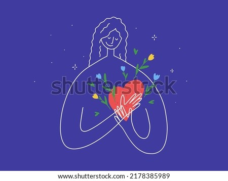 Cute woman put her hands holding blooming heart. Female silhouette vector illustration. Big heart with flowers. Love inside. Body care, self hugging. Mental health, charity, kindness, donation concept