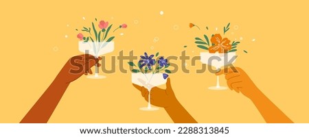 Diversity man or woman hands clink champagne, wine or martini glass with bloom flowers. Cocktail, fresh juice, floral drink, spring beverage. Beach summer party poster. Bar cheers vector illustration