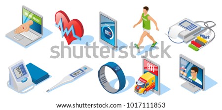Isometric digital medicine set with applications for health monitoring cardio training electronic thermometer smart bracelet online consultation isolated vector illustration   
