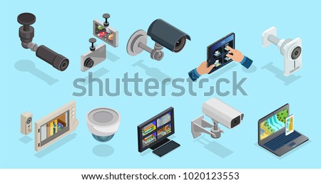 Isometric CCTV elements collection with security cameras electronic devices for different types of monitoring and surveillance isolated vector illustration