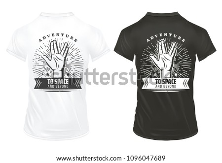 Vintage hand prints template with inscription vulcan salute greet gesture sunburst on black and white shirts isolated vector illustration