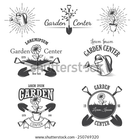 Set of vintage garden center emblems, labels, badges, logos and designed elements. Monochrome style