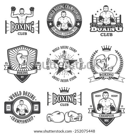 Set of vintage boxing emblems, labels, badges, logos and designed elements. Monochrome style