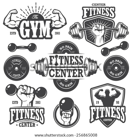 Second set of monochrome fitness emblems, labels, badges, logos and designed elements.