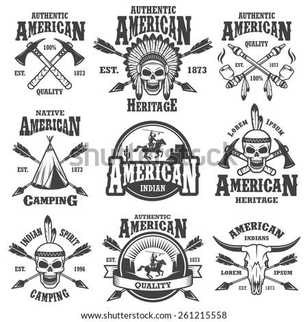 Set of american indian emblems, labels, badges, logos and designed elements. Wild West theme. Monochrome style