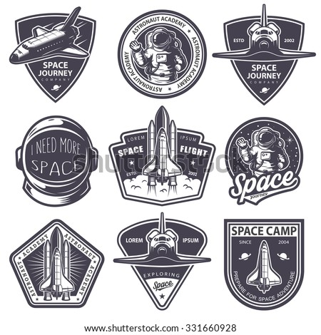 Set of vintage space and astronaut badges, emblems, logos and labels. Monochrome style