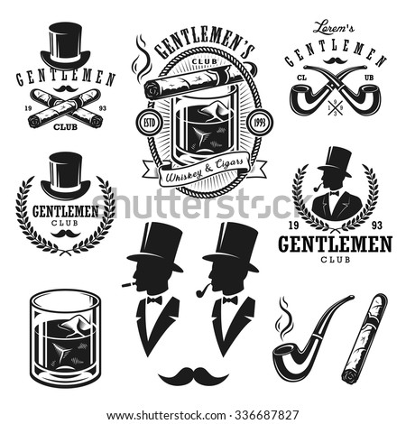 Set of vintage gentleman emblems, labels, badges and designed elements. Monochrome style