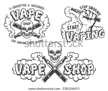 Set of vape, e-cigarette emblems, labels, prints and logos, Monochrome style, Isolated on white background.