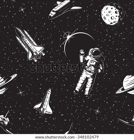 Space seamless pattern. Black and white version. 