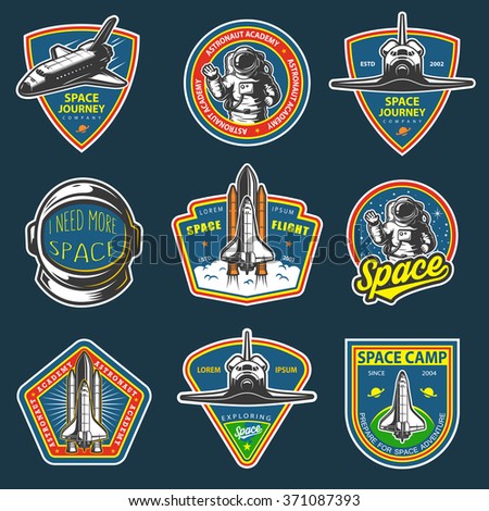 Set of vintage space and astronaut badges, emblems, logos and labels. Colored on dark background.