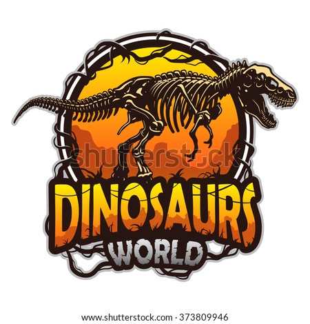 Dinosaurs world emblem with tyrannosaur skeleton. Colored isolated on white background