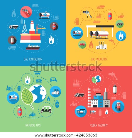 Natural gas industry concept with extraction production storage supply distribution clean factory isolated vector illustration 