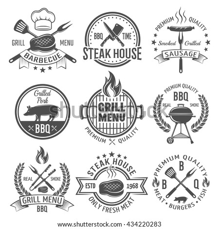 BBQ graphic flat emblems with grill tongs forks spatulas roasted meat sausage fire cap isolated vector illustration