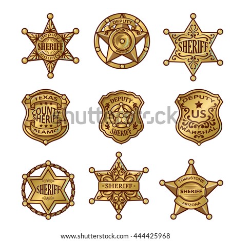 Golgen sheriff badges with stars and shields ribbons flourishes laurel on white background isolated vector illustration