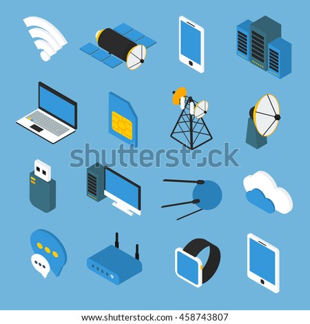 Wireless technology isometric icons with wifi sign router transmitters satellites gadgets on blue background isolated vector illustration 