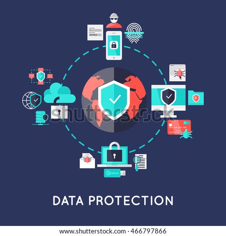 Data protection international system design with earth in center secure devices around on blue background vector illustration