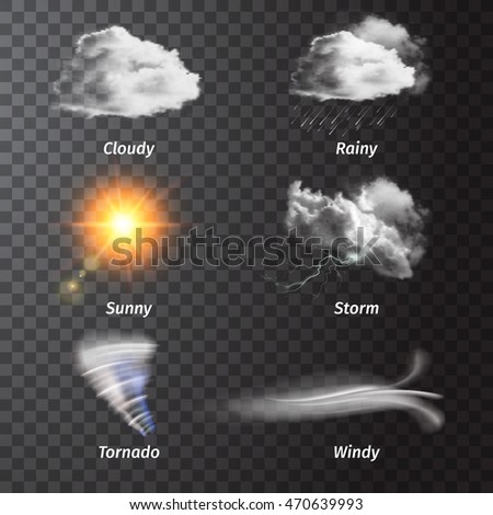 Realistic set weather icon set with cloudy sunny storm rainy windy descriptions vector illustration