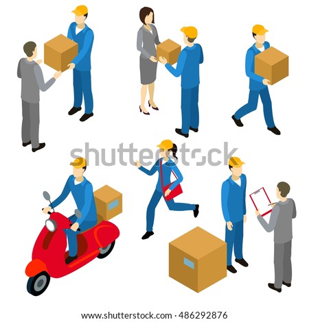 Delivery isometric characters set with couriers in uniform and transfers of cartons to businesspersons isolated vector illustration  