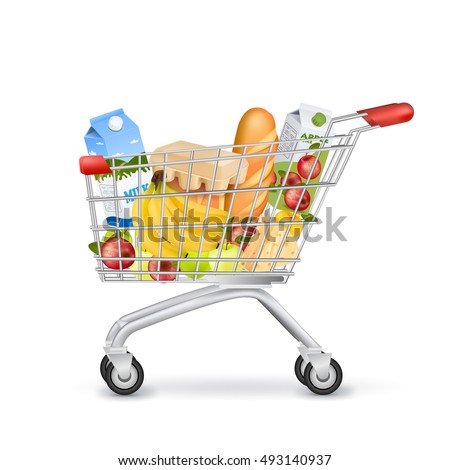 Isolated realistic image of shopping trolley wheeled basket with products side view with shadows on blank background vector illustration