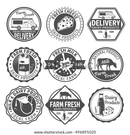 Milk black white emblems of farm fresh dairy products with crests and ribbons transportation isolated vector illustration   