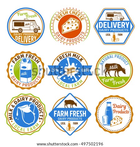 Milk colored emblems of farm dairy products and their delivery with cow and truck isolated vector illustration  