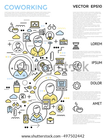 Colored coworking vertical concept with linear elements is on the left and text on the right vector illustration