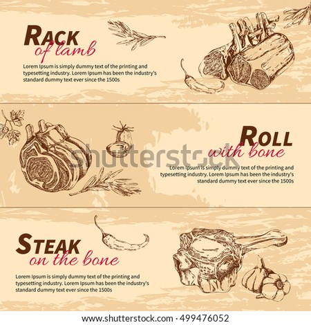 Meat dishes hand drawn banners with rack of lamb roll with bone steak isolated vector illustration 