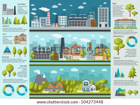 Urban life infographics with industrial area environment in megapolis and village charts and statistics vector illustration 