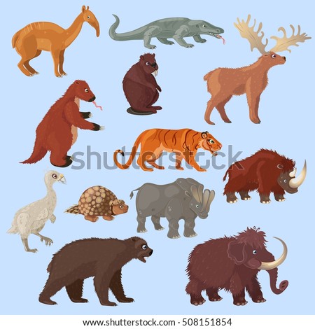 Ice age animals set with mammoth bear and deer bird tiger on blue background isolated vector illustration