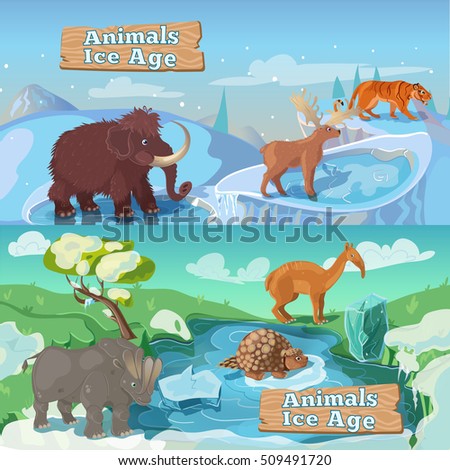 Beasts ice age horizontal banners including life of saber tooth tiger mammoth and deer isolated vector illustration