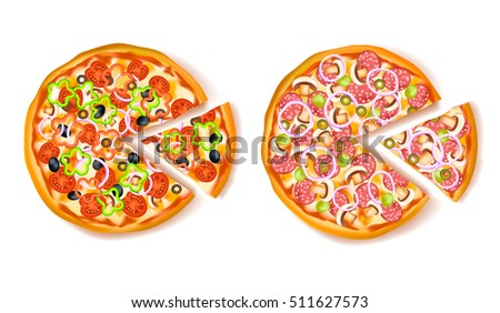 Pizza slice composition with two type of pizza and one small triangle piece cut off vector illustration