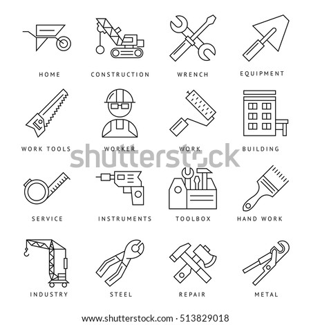 Isolated construction tools and equipment icons set with outlines and text captions on blank background flat vector illustration