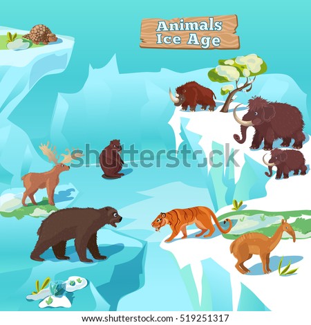 Animals ice age composition with tiger bear beaver mammoth and deer on frozen nature background vector illustration