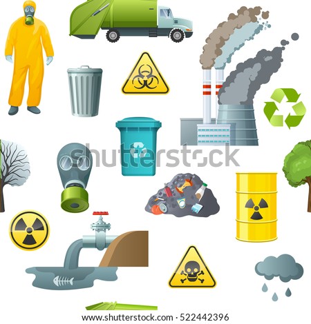Pattern with seamless isolated environmental pollution elements garbage remedy danger radiation and recycling signs refuse bins vector illustration