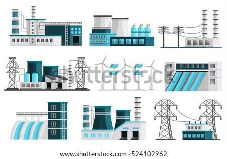 Set of nine isolated orthogonal power generation images of powerhouse landscape scenes transmission lines transformer pillars vector illustration