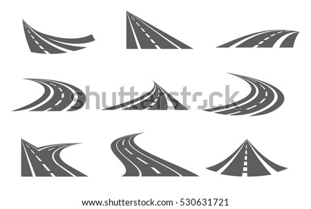 Roads logo set in grey colour with nine isolated curvy suburban road images with fork turns vector illustration