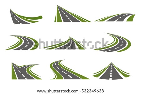 Set with flat isolated curving road image with decorative stylization of roadway winds false mirror style vector illustration