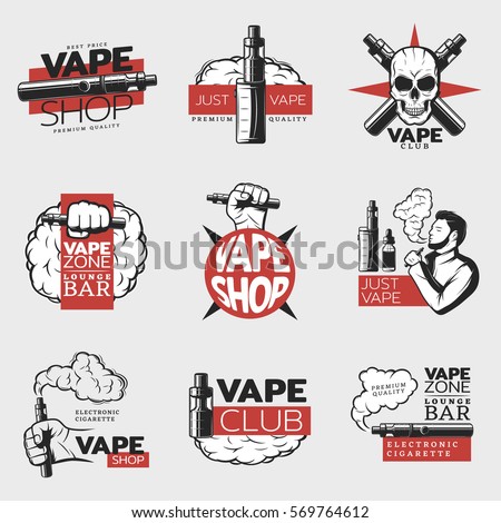 Colorful electronic cigarette logos with smoker skull vaping elements and devices in vintage style isolated vector illustration