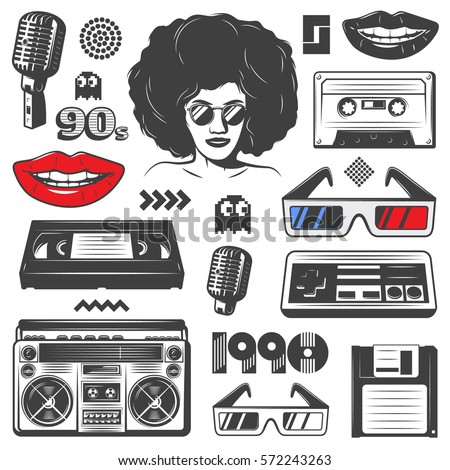 Vintage 90s style elements set with boombox console woman microphone diskette cassete glasses game symbols isolated vector illustration