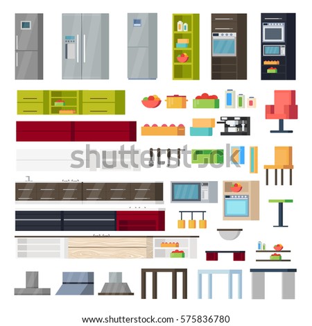 Kitchen interior elements collection with furniture accessories utensils appliances and equipment isolated vector illustration