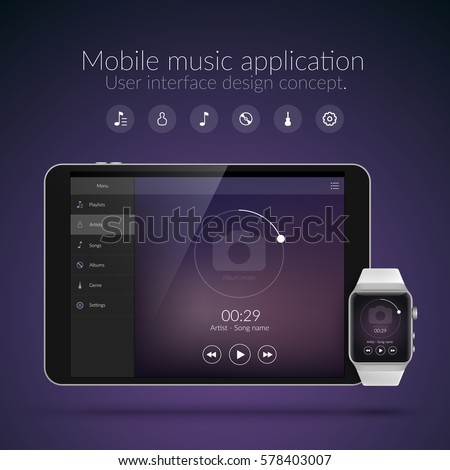 User interface design concept with web elements of music application for watch and tablet devices isolated vector illustration