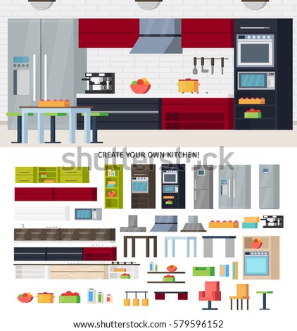 Modern Kitchen equipment template with furniture utensils and appliances for different variants of interior design vector illustration