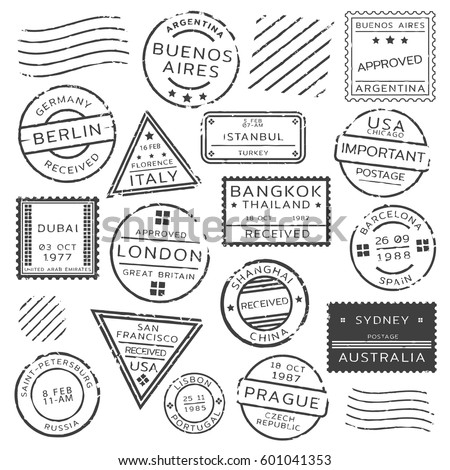 Monochrome retro postage stamps set of various shapes from different countries isolated vector illustration