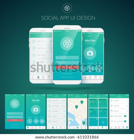 User interface design concept with different screens buttons and web elements for mobile social applications vector illustration