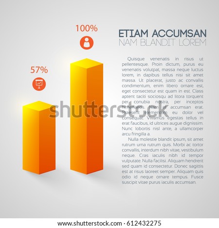 Business infographic concept with 3d two orange columns icons text and percentage isolated vector illustration