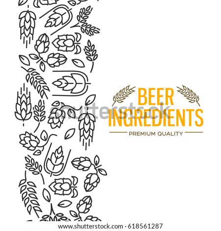 Stylish design card with images to the left of the yellow text beer ingredients of flowers, twig of hops, blossom, malt vector illustration