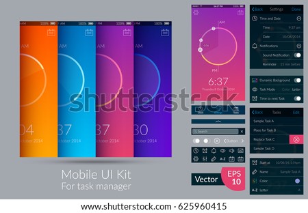 Mobile ui kit for task manager on light background flat vector illustration