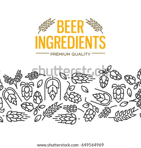 Beer ingredients design card with images under the yellow text and repeating of flowers, twig of hops, blossom, malt vector illustration